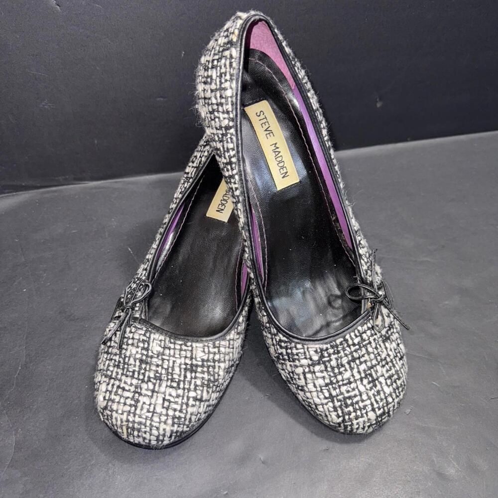 Steve Madden Violet Style Black Y2K Vintage Boucle Bow Cap Toe Kitten Heels 8B‎